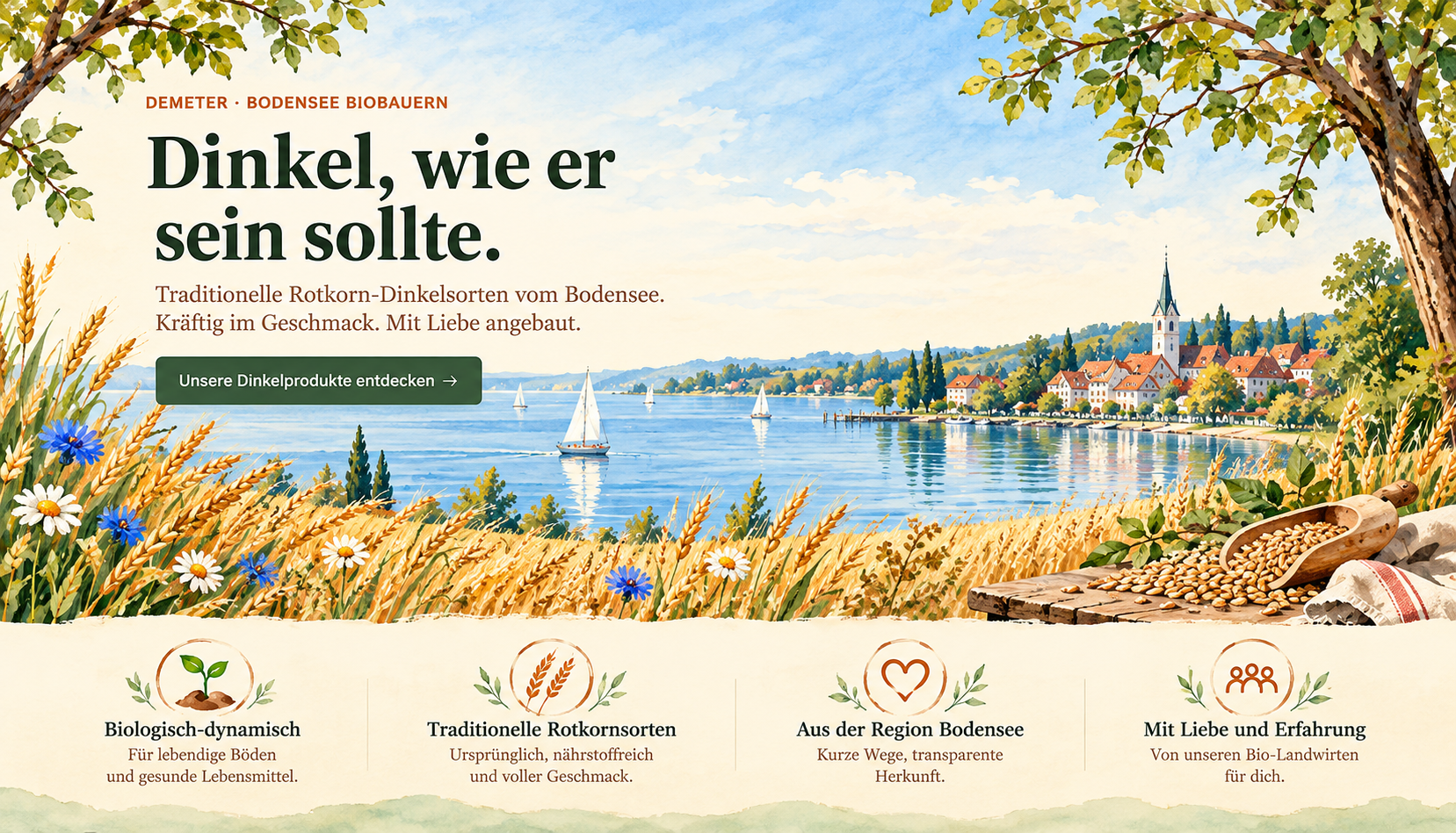 Illustrierte Bodensee-Landschaft mit Dinkelfeldern und unseren Werten
